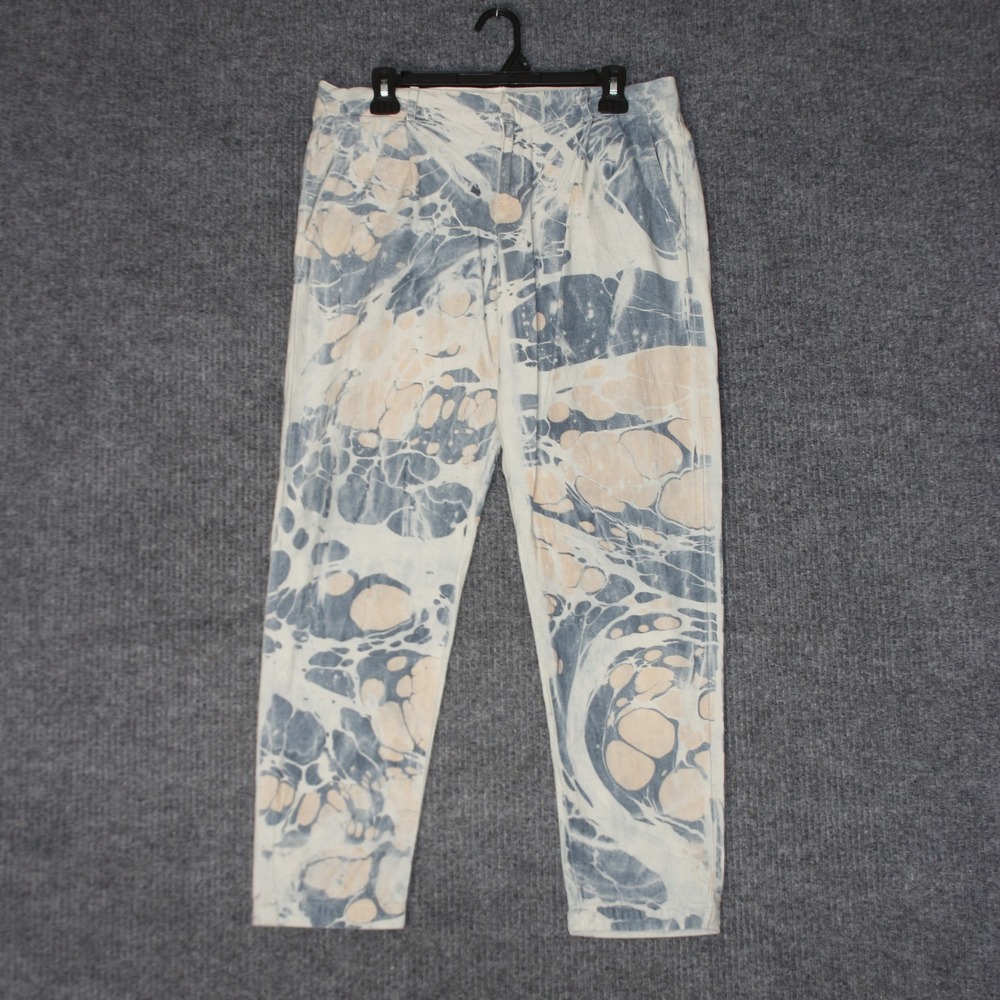 Delphine Marbled Abstract Pants Womens M Blue White Linen Blend Made in‎ USA